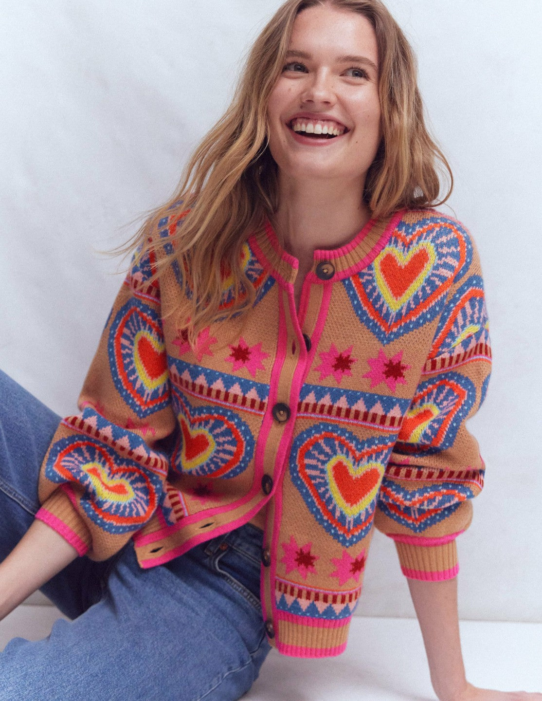 Abi Jacquard Cardigan-Camel Melange, Hearts / Boden On sale
