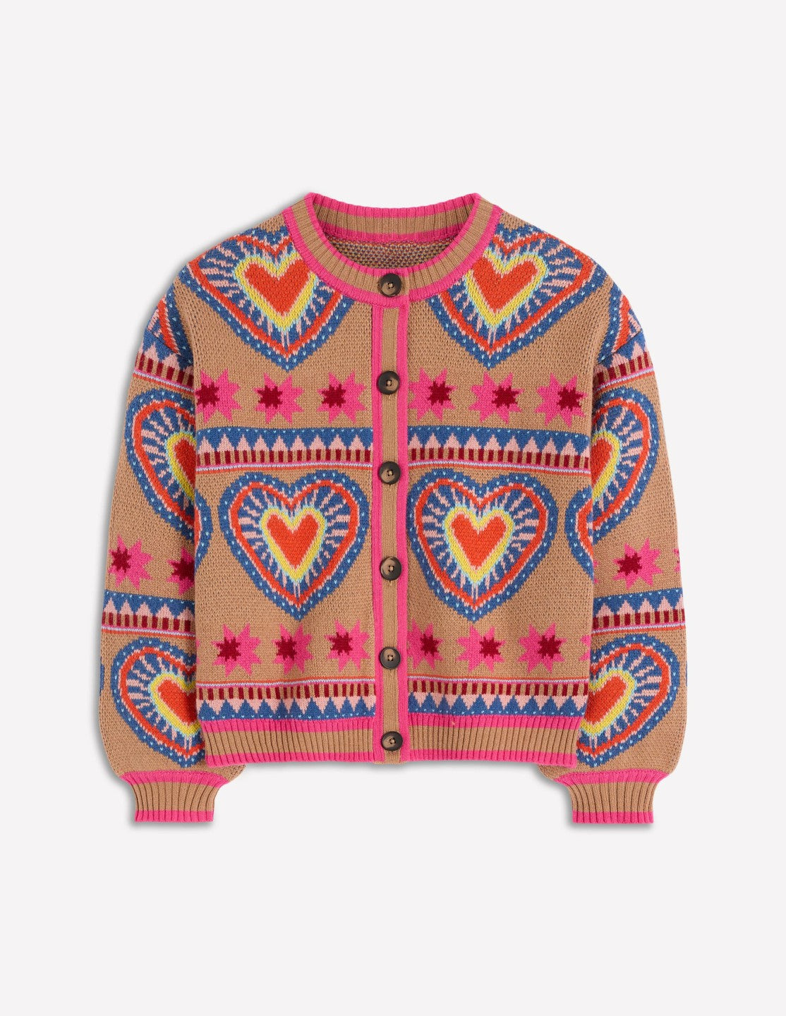 Abi Jacquard Cardigan-Camel Melange, Hearts / Boden On sale