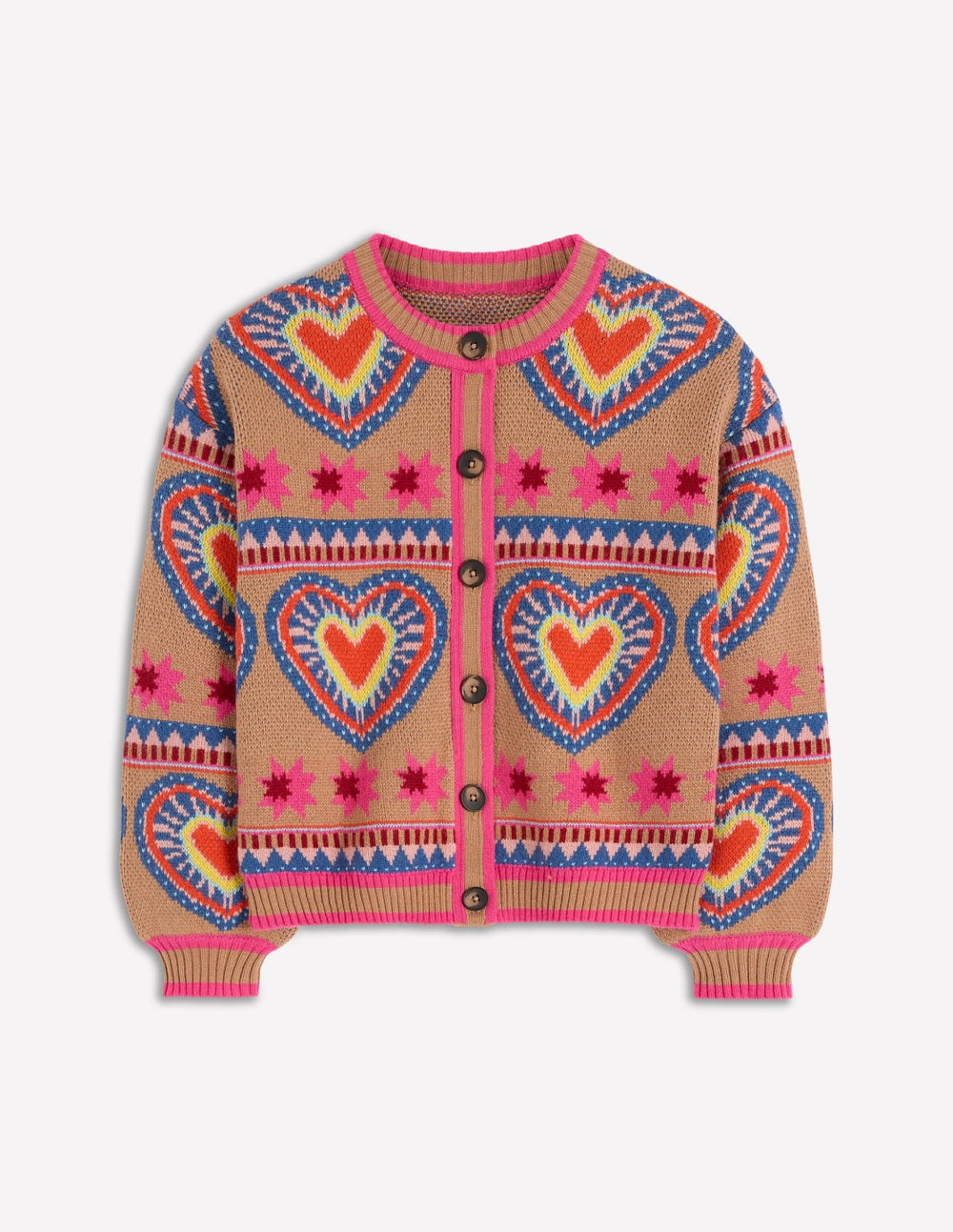 Abi Jacquard Cardigan-Camel Melange, Hearts / Boden On sale