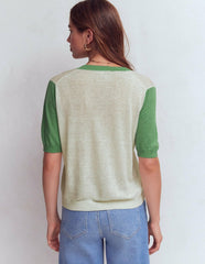 Agnes Linen V Neck T-Shirt-Ivory/ Green / Boden Sale