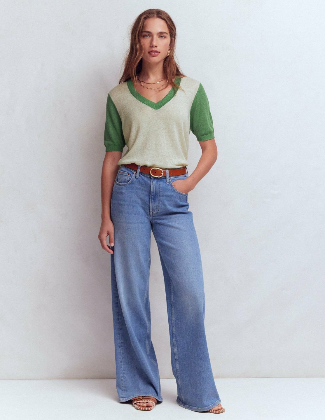 Agnes Linen V Neck T-Shirt-Ivory/ Green / Boden Sale