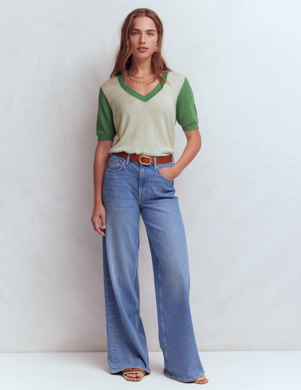Agnes Linen V Neck T-Shirt-Ivory/ Green / Boden Sale