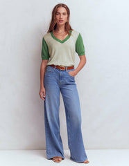 Agnes Linen V Neck T-Shirt-Ivory/ Green / Boden Sale