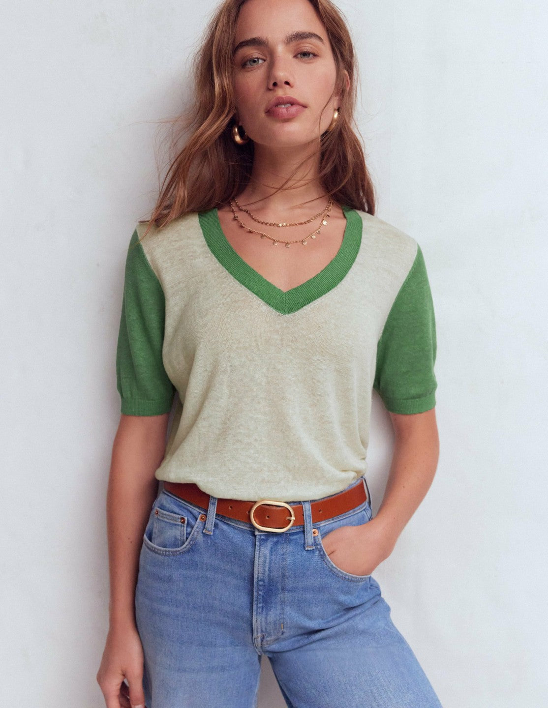 Agnes Linen V Neck T-Shirt-Ivory/ Green / Boden Sale