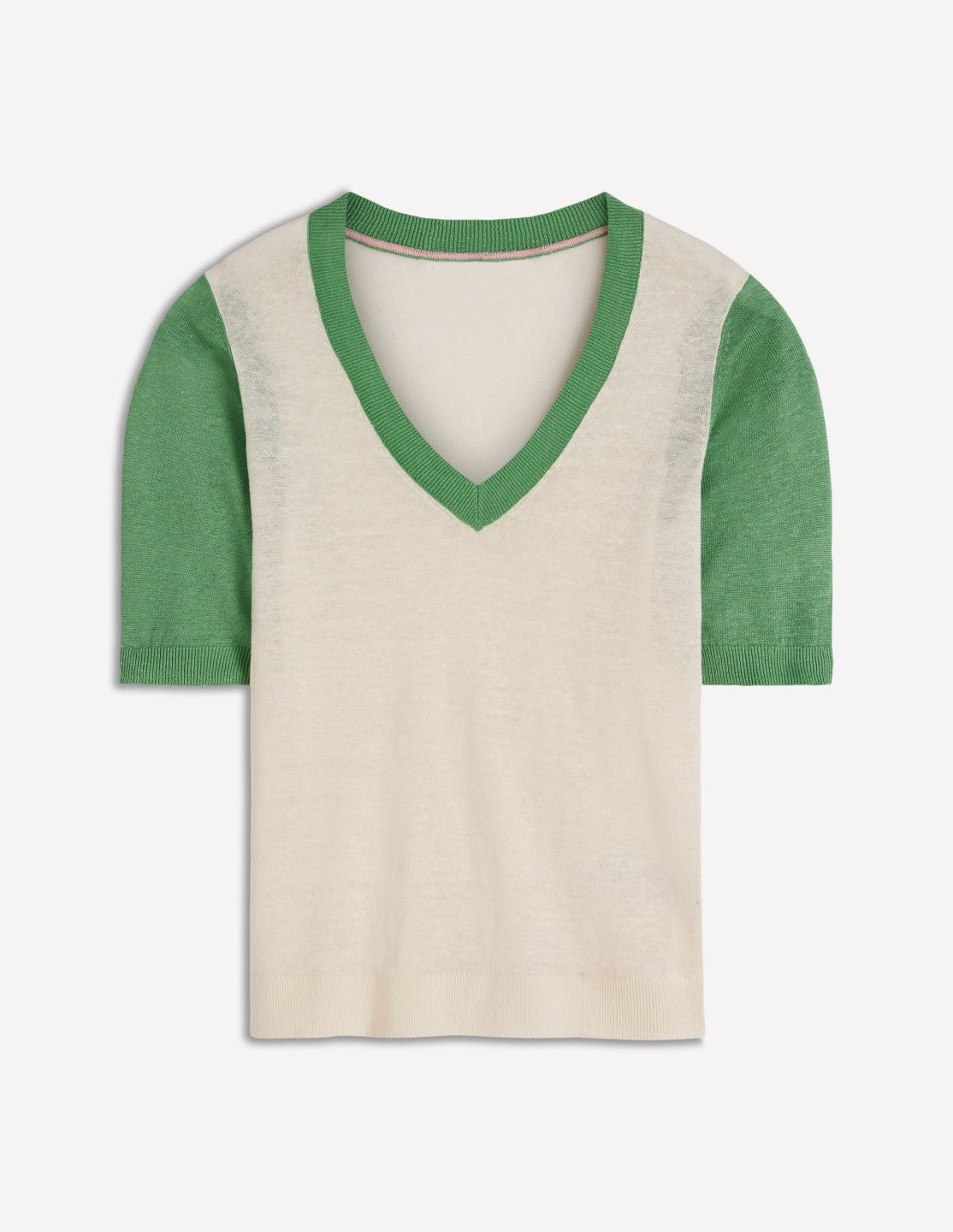 Agnes Linen V Neck T-Shirt-Ivory/ Green / Boden Sale