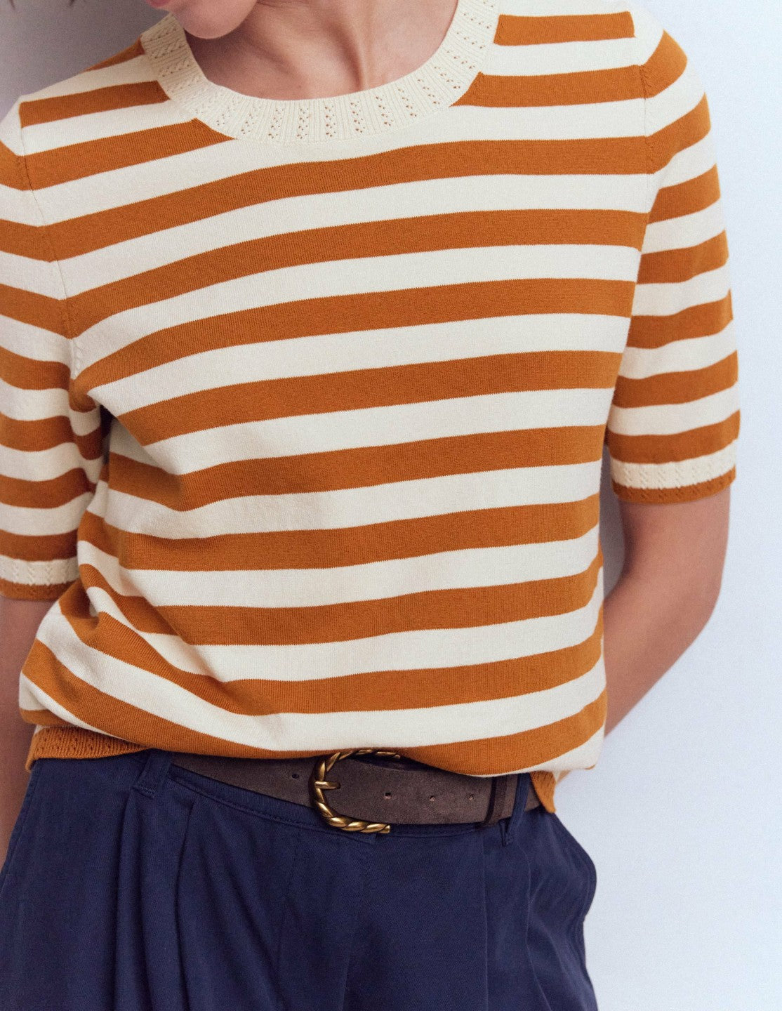 Emilia Cotton Crew T-shirt-Cognac/ Warm Ivory / Boden Online