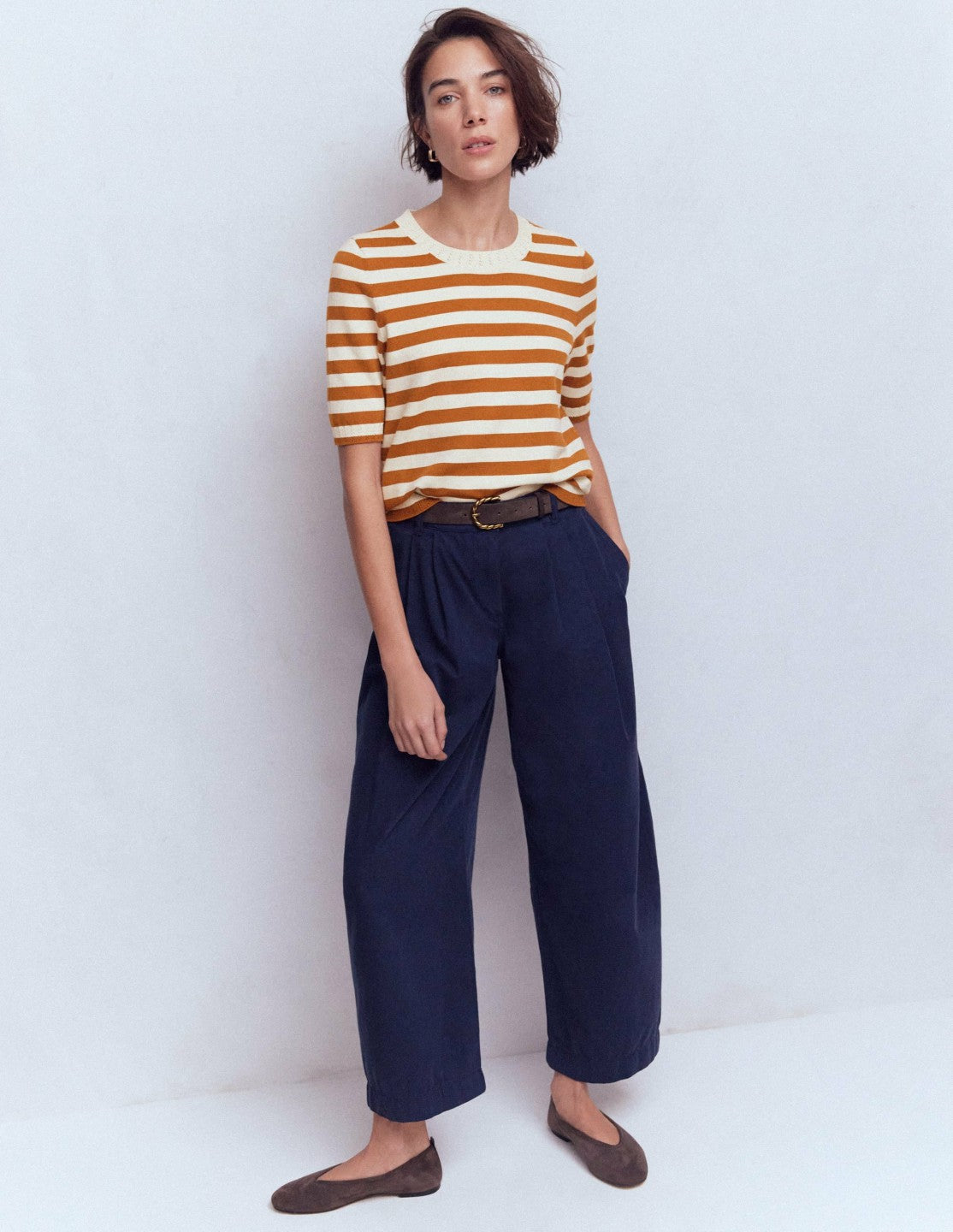 Emilia Cotton Crew T-shirt-Cognac/ Warm Ivory / Boden Online