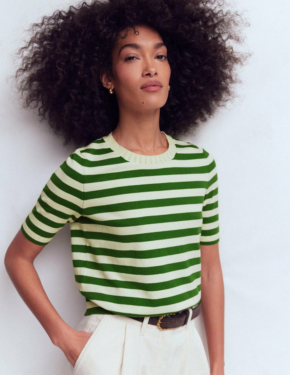 Emilia Cotton Crew T-shirt-Promenade Green/ Ivory Stripe / Boden us