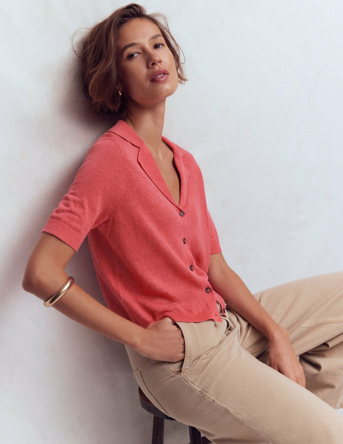Agnes Collar Linen Cardigan-Coral / Boden Online