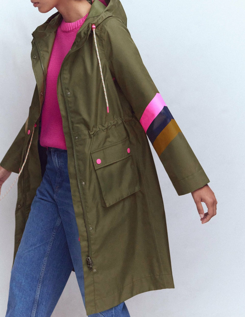 Striped Longline Rain Mac-Woodland Green Stripe / Boden On sale