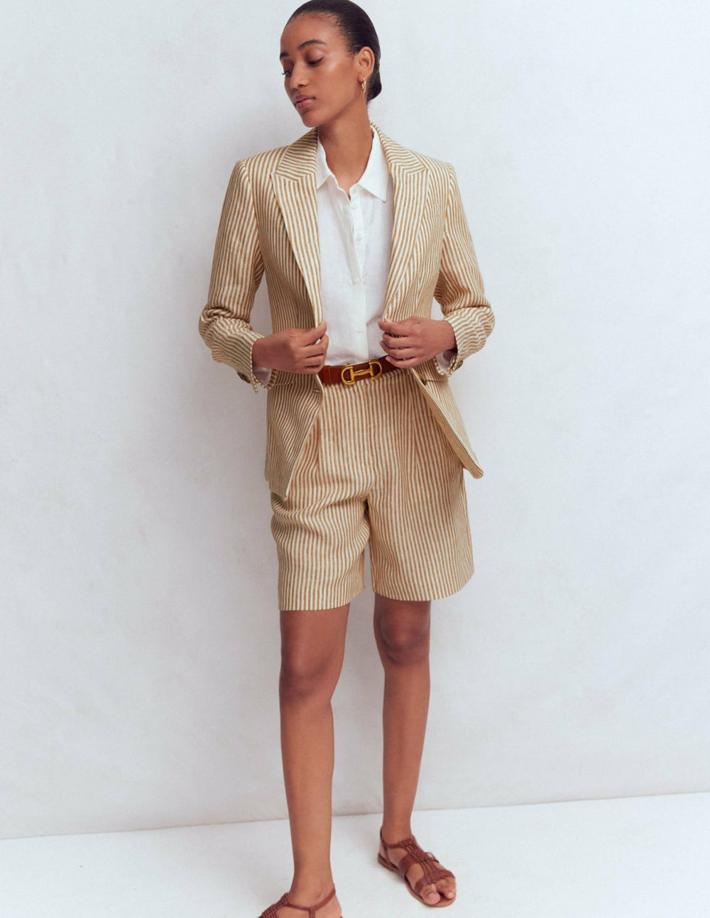 Stamford Linen Blazer-Brown, Ivory Ticking Stripe / Boden Sale