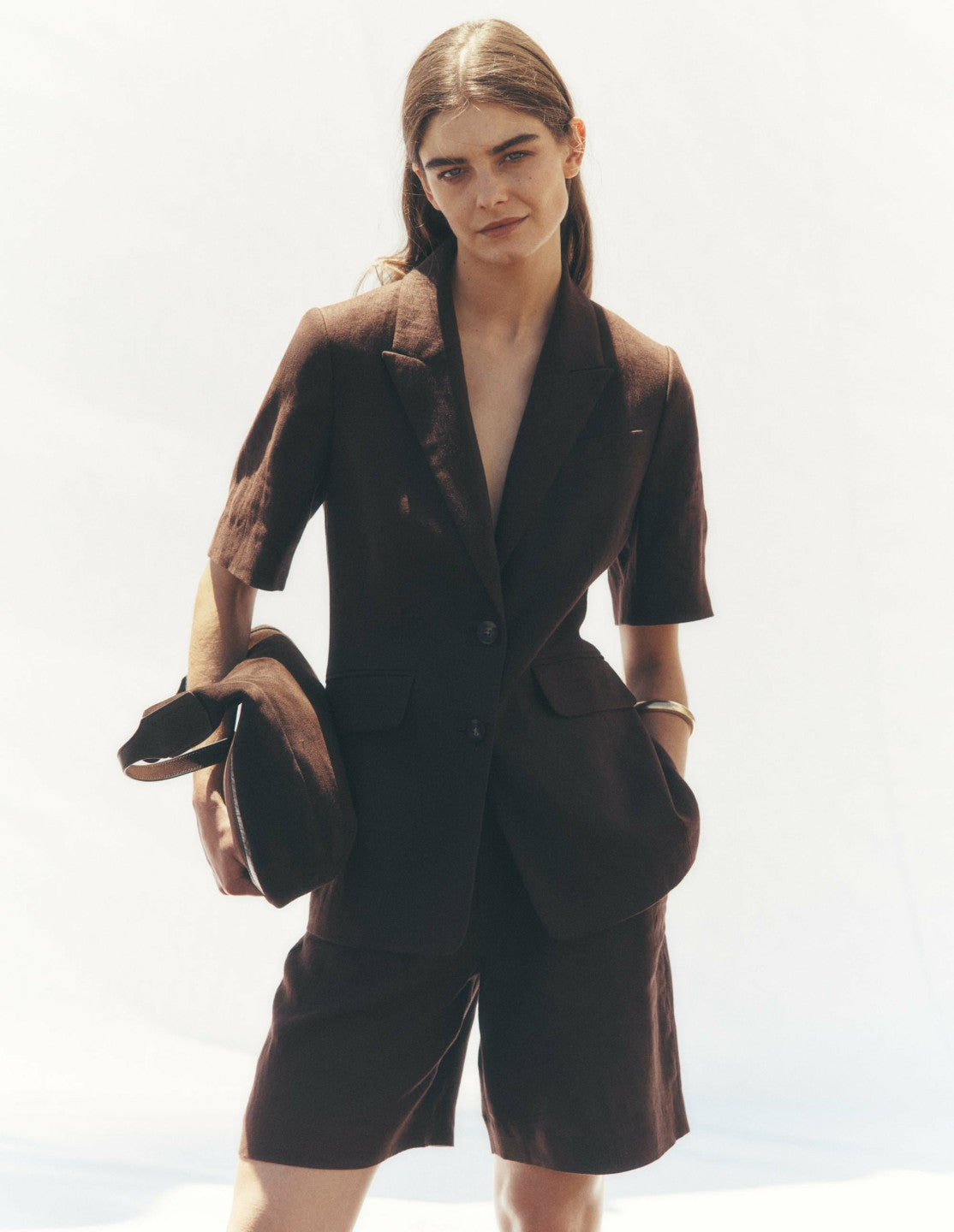 Short Sleeve Linen Blazer-Bitter Chocolate / Boden