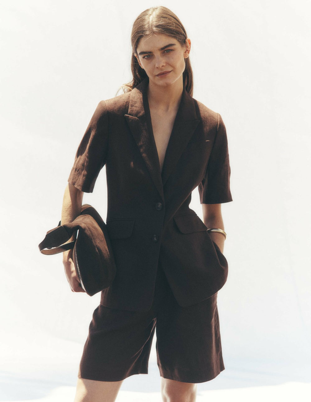 Short Sleeve Linen Blazer-Bitter Chocolate / Boden