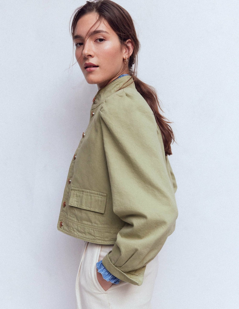 Topstitch Denim Jacket-Soft Green / Boden us
