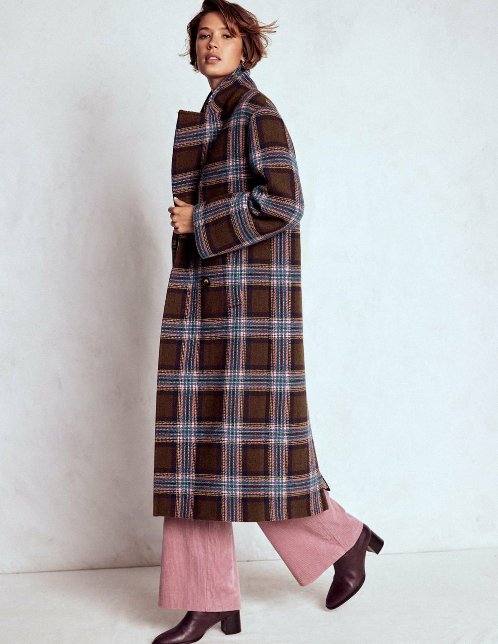 Cocoon Wool Coat-Brown, Teal and Pink Check / Boden Online