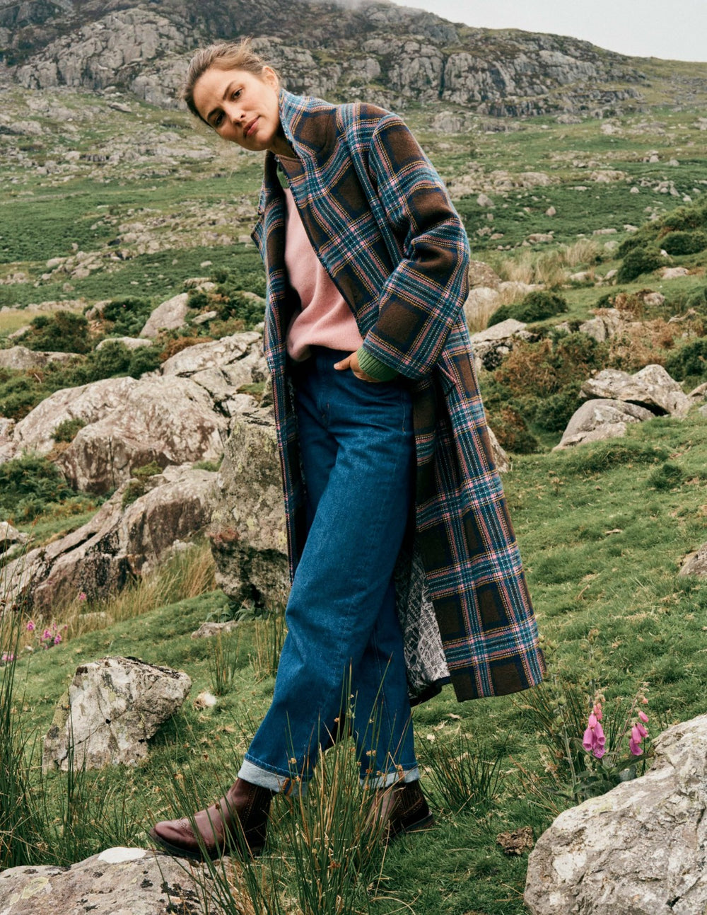 Cocoon Wool Coat-Brown, Teal and Pink Check / Boden Online