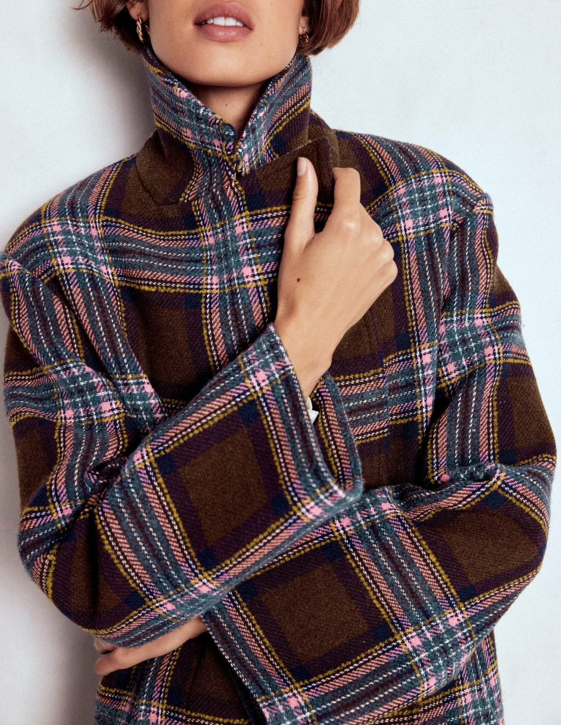 Cocoon Wool Coat-Brown, Teal and Pink Check / Boden Online