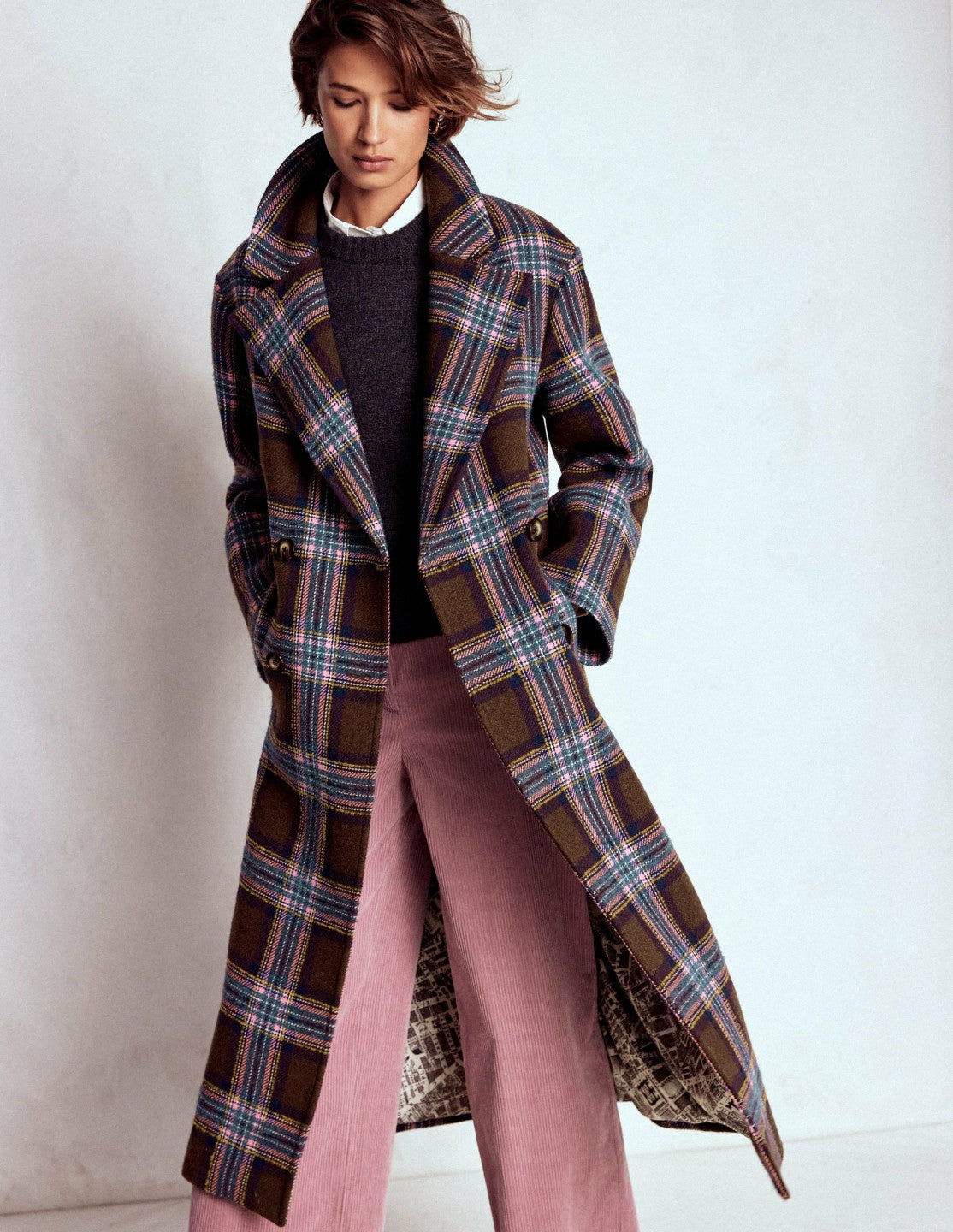 Cocoon Wool Coat-Brown, Teal and Pink Check / Boden Online