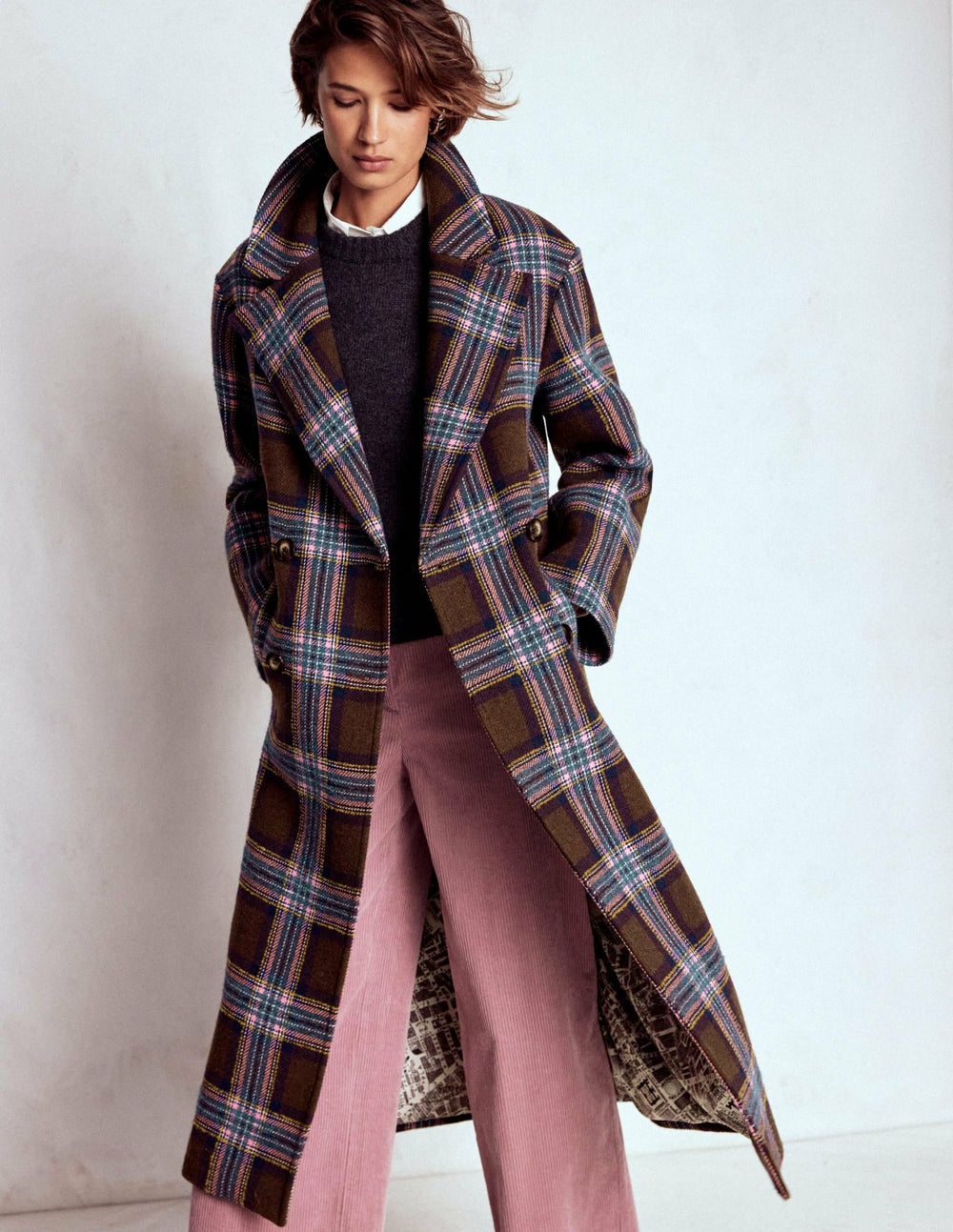 Cocoon Wool Coat-Brown, Teal and Pink Check / Boden Online