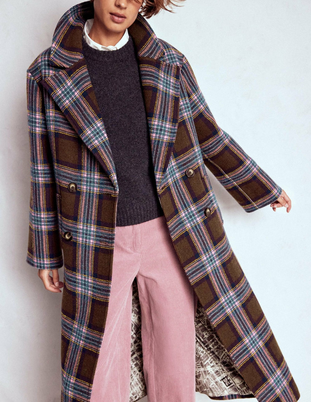 Cocoon Wool Coat-Brown, Teal and Pink Check / Boden Online