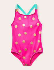 Cross-back Printed Swimsuit-Fuchsia Pink, Gold Foil Spot / Boden