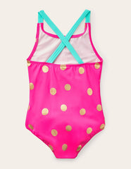 Cross-back Printed Swimsuit-Fuchsia Pink, Gold Foil Spot / Boden