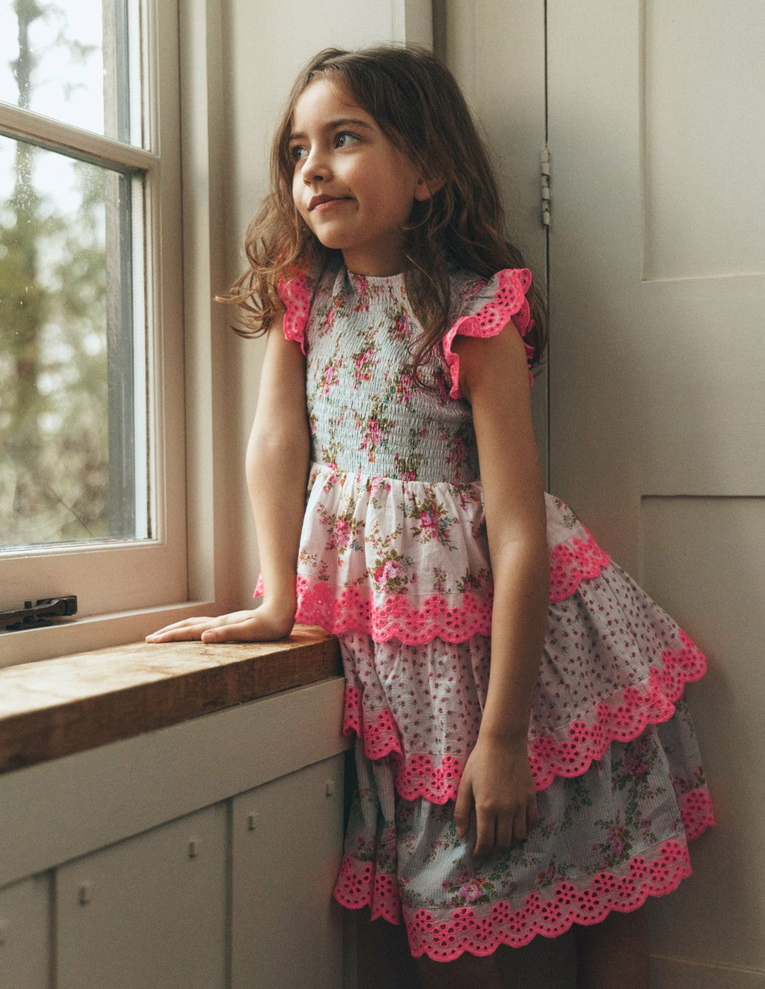 Tiered Lace Trim Dress-Festival Pink Ditsy Rose / Boden Sale
