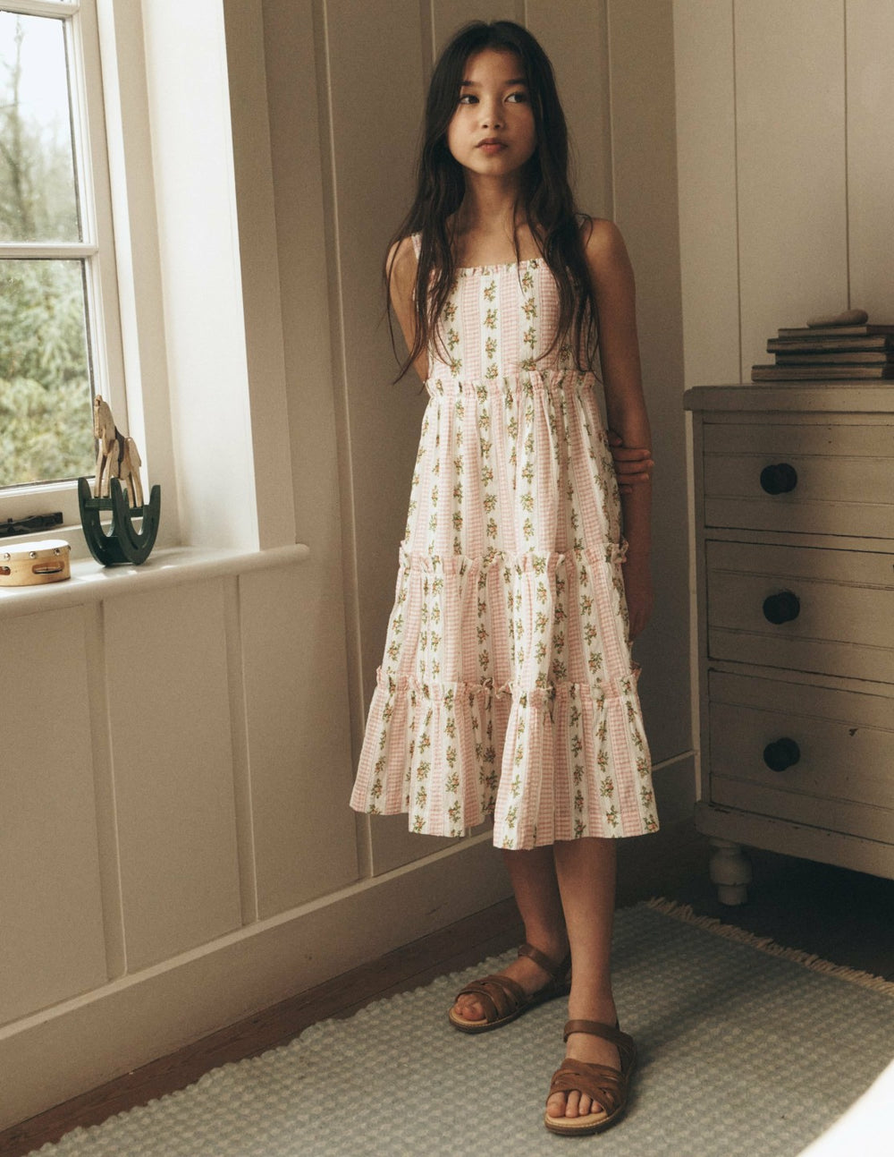 Tiered Midi Sundress-Soft Ivory Gingham Floral / Boden us