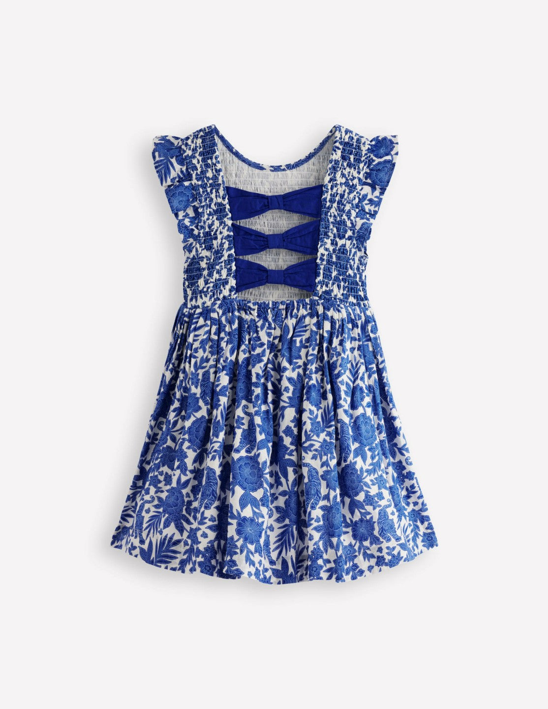 Bow Back Shirred Dress-Bright Blue Jungle Woodblock / Boden Discount