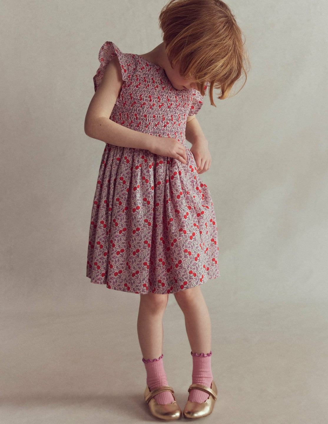 Bow Back Shirred Dress-Pink Cherries / Boden