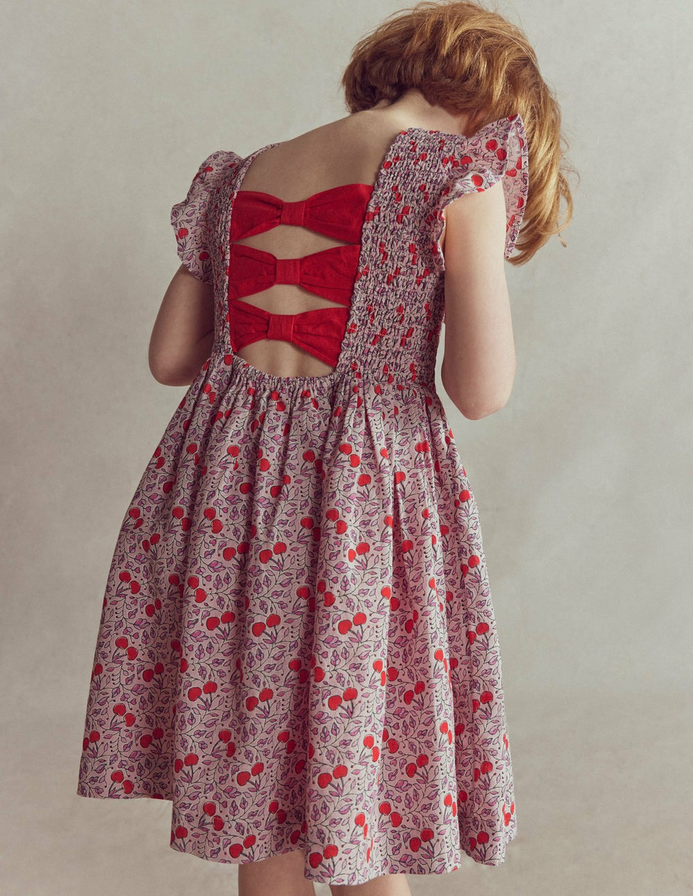 Bow Back Shirred Dress-Pink Cherries / Boden