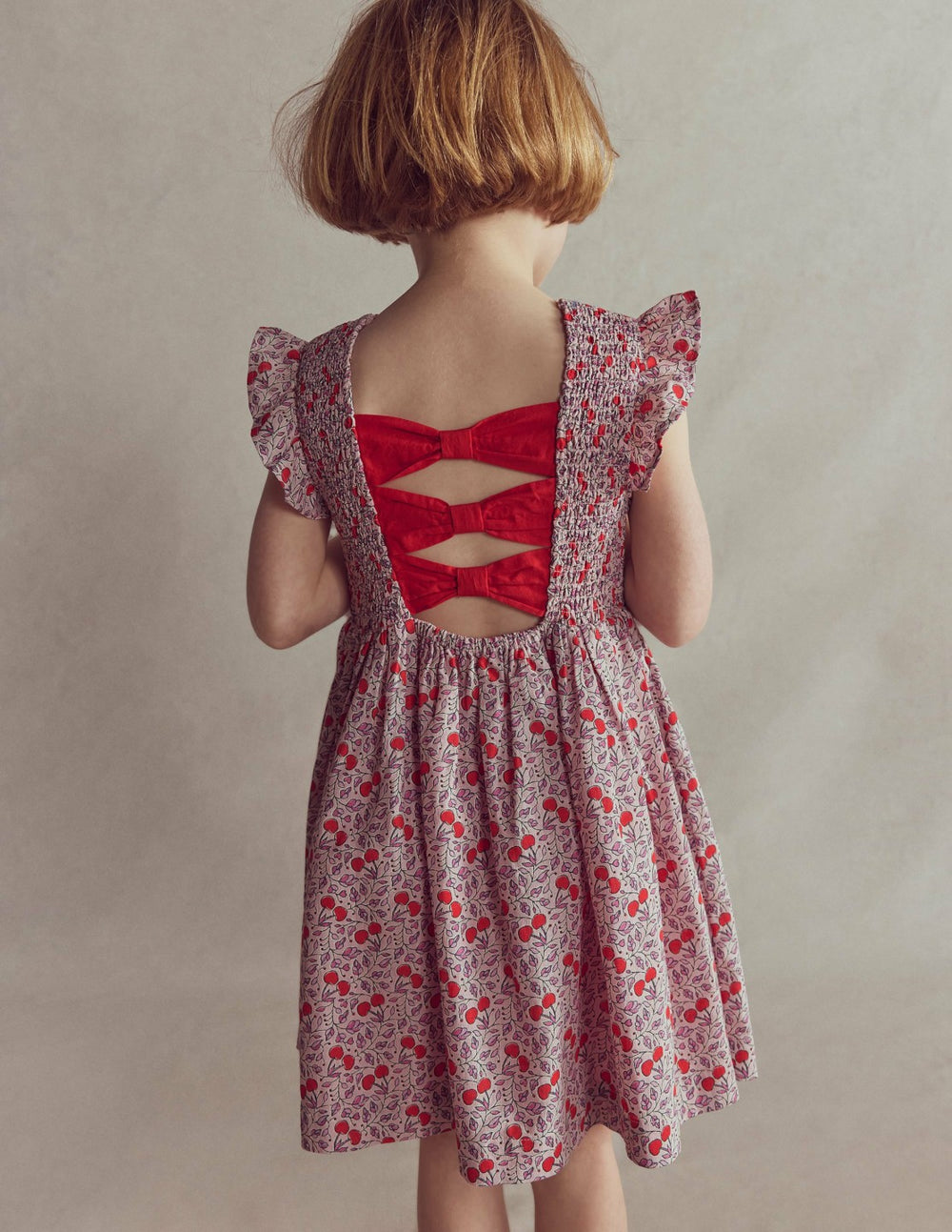Bow Back Shirred Dress-Pink Cherries / Boden