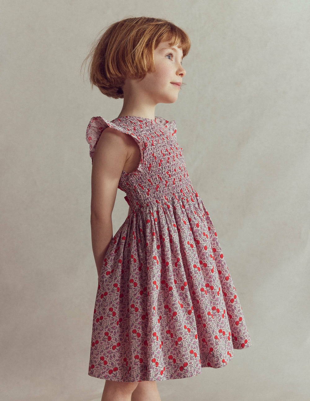 Bow Back Shirred Dress-Pink Cherries / Boden