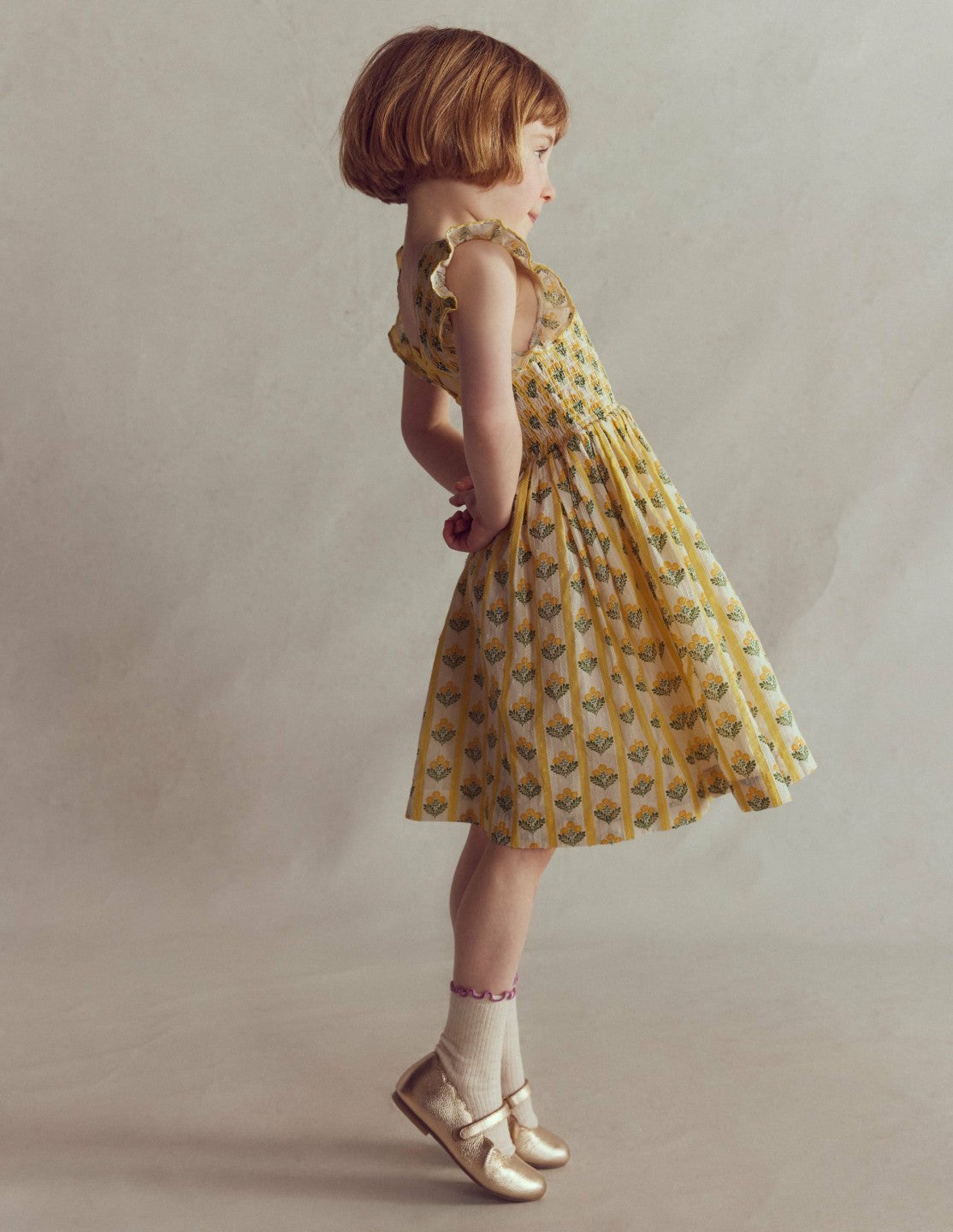Bow Back Shirred Dress-Honeycomb Yellow Flower Stem / Boden On sale