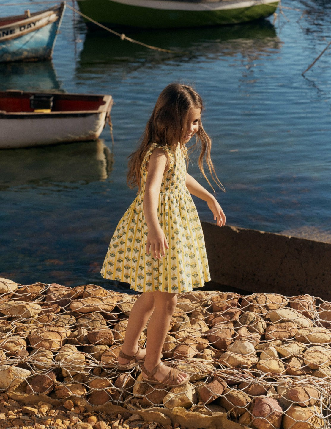 Bow Back Shirred Dress-Honeycomb Yellow Flower Stem / Boden On sale