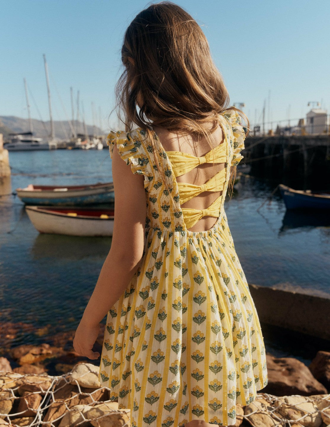Bow Back Shirred Dress-Honeycomb Yellow Flower Stem / Boden On sale