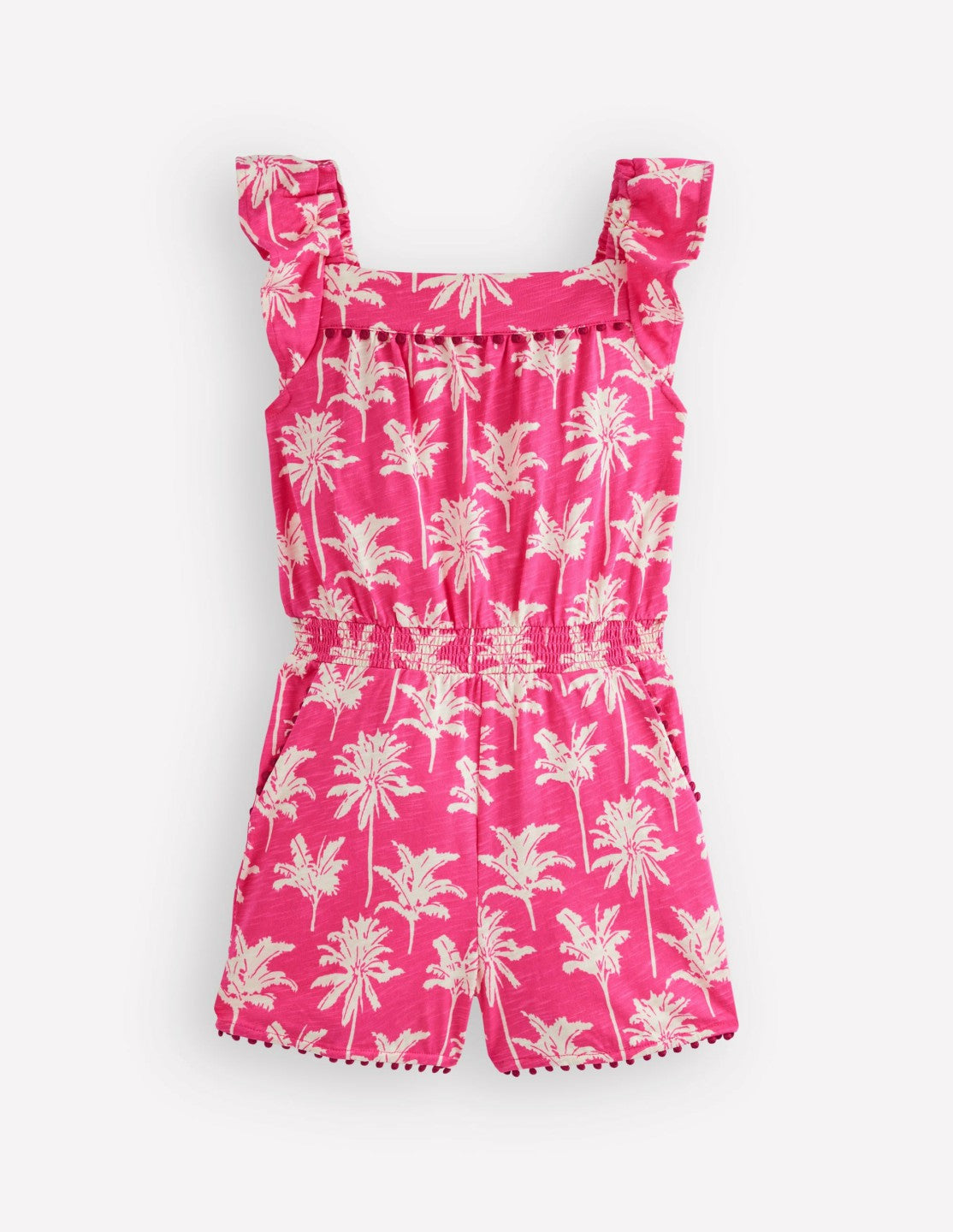 Ciara Pom Trim Jersey Romper-Pink Palm Trees / Boden us