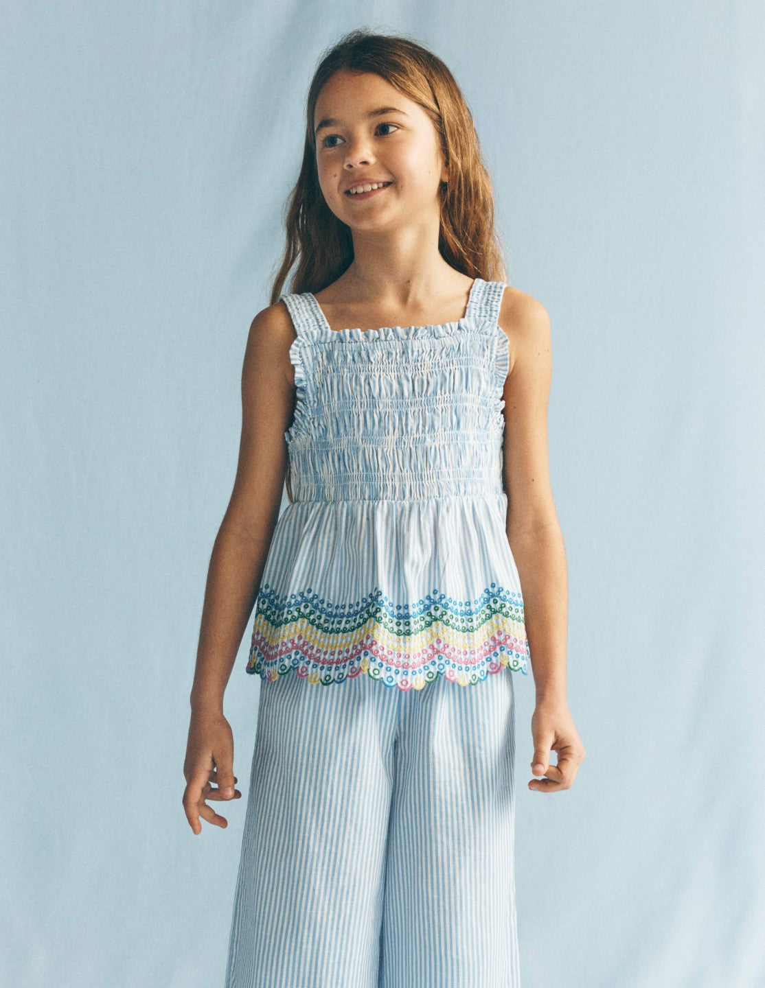 Embroidered Shirred Top-Ticking Rainbows / Boden