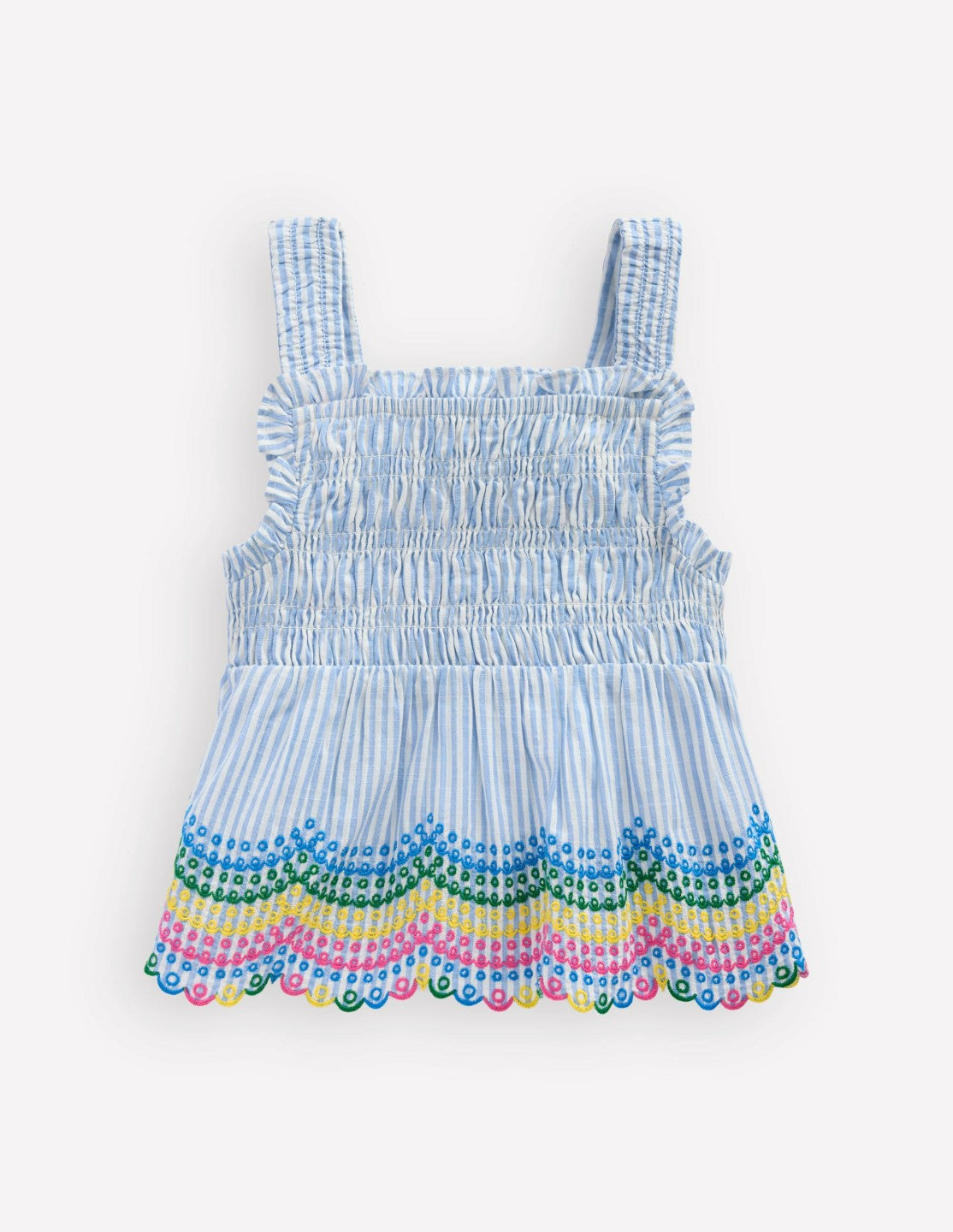 Embroidered Shirred Top-Ticking Rainbows / Boden