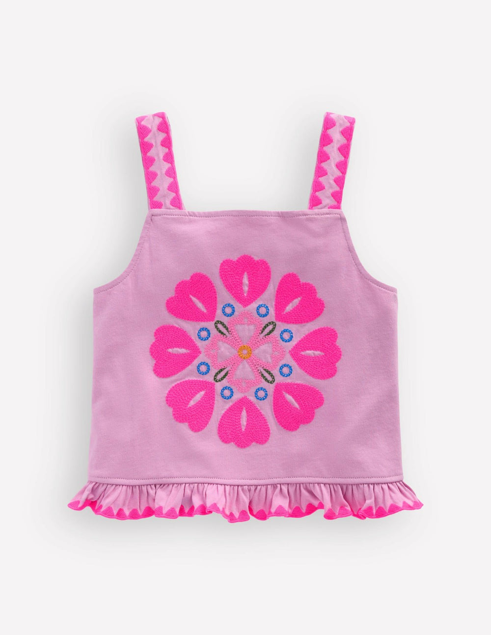 Embroidered Ruffle Top-Pink Punch Embroidery / Boden Outlet