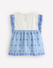 Fabric Mix Broderie Top-Blue Ticking / Boden Sale
