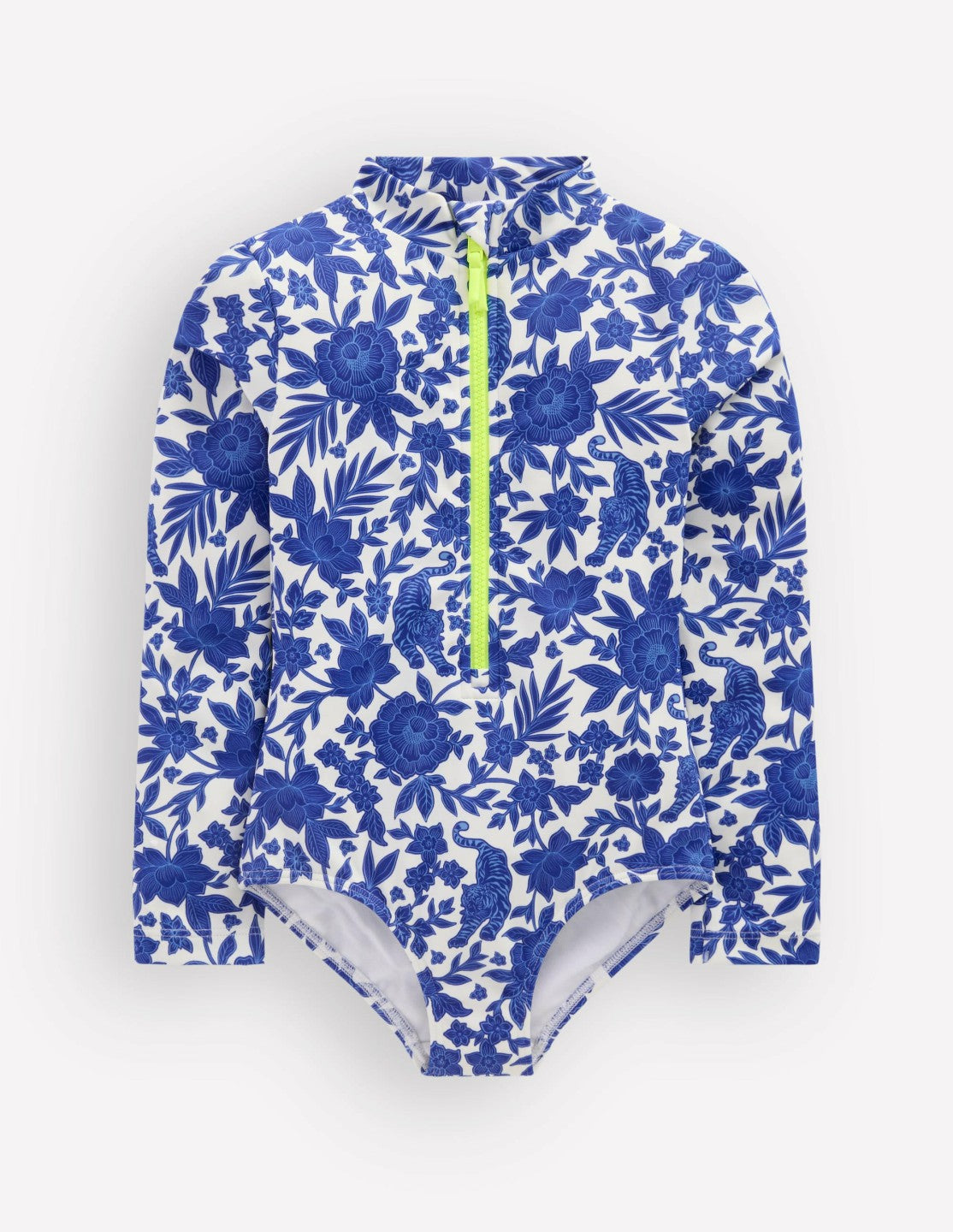 Long-sleeved Swimsuit-Bright Blue Jungle Woodblock / Boden