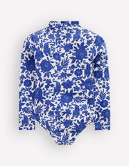 Long-sleeved Swimsuit-Bright Blue Jungle Woodblock / Boden
