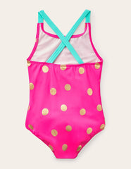 Cross-Back Printed Swimsuit-Fuchsia Pink Foil Spot / Boden Online
