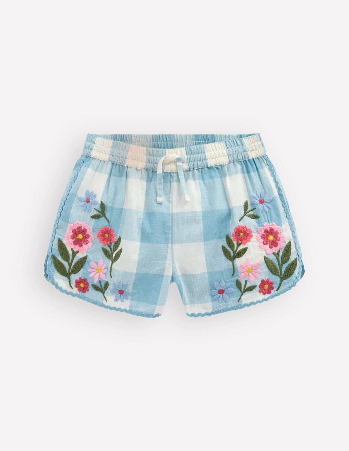 Pull-on Woven Shorts-Blue Gingham Embroidery / Boden Outlet
