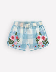 Pull-on Woven Shorts-Blue Gingham Embroidery / Boden Outlet