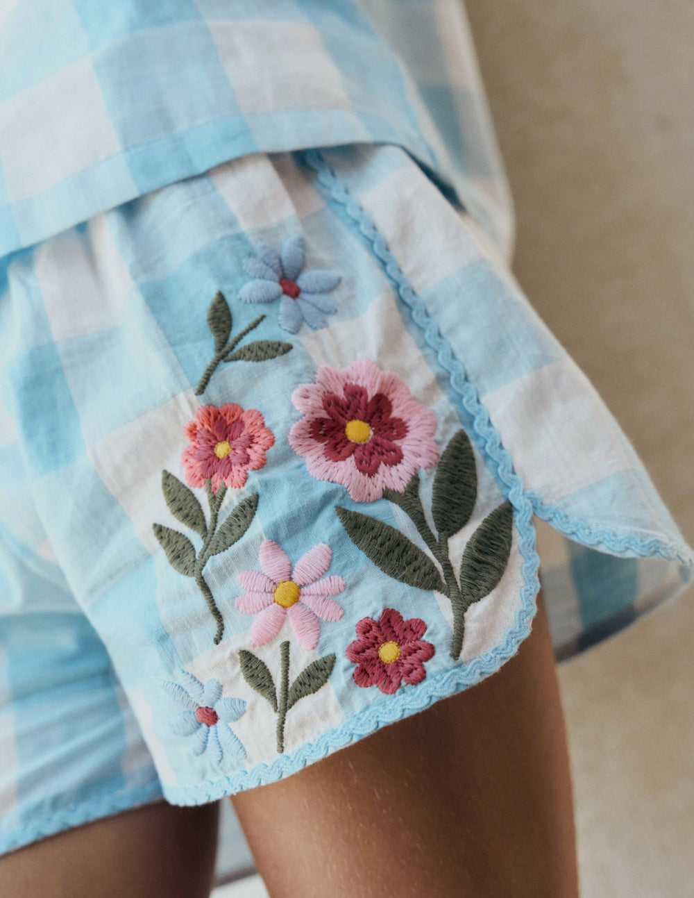 Pull-on Woven Shorts-Blue Gingham Embroidery / Boden Outlet