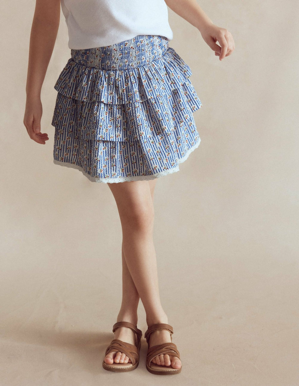 Smocked Waist Ruffle Skirt-Bluejay Cherry Stripe / Boden Outlet