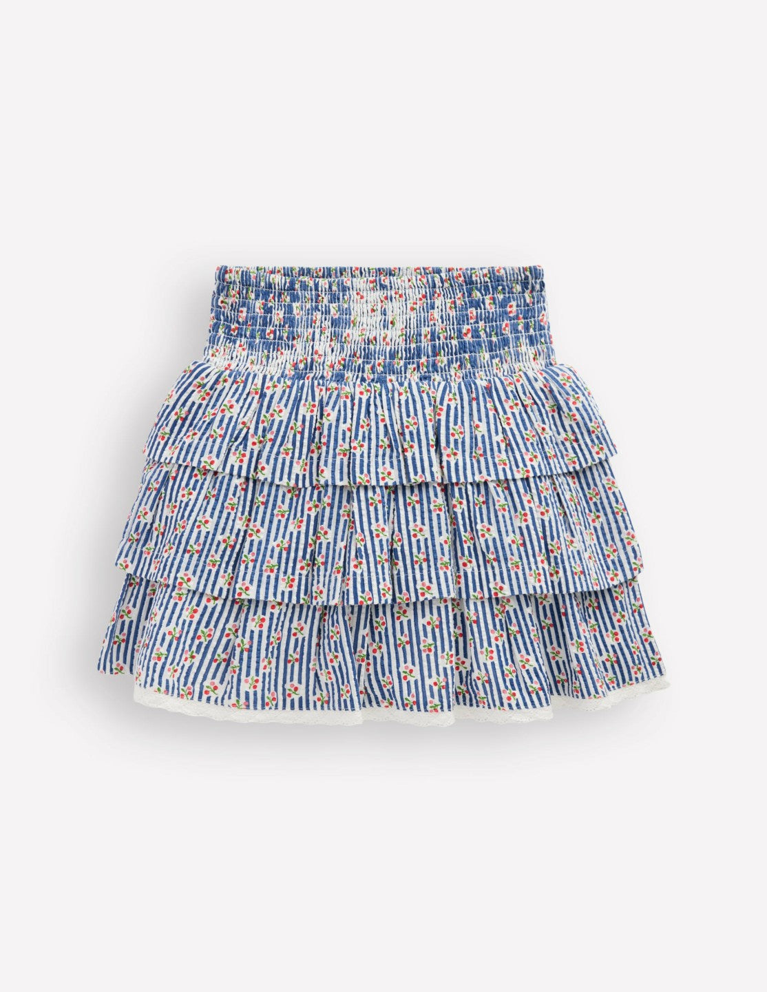 Smocked Waist Ruffle Skirt-Bluejay Cherry Stripe / Boden Outlet
