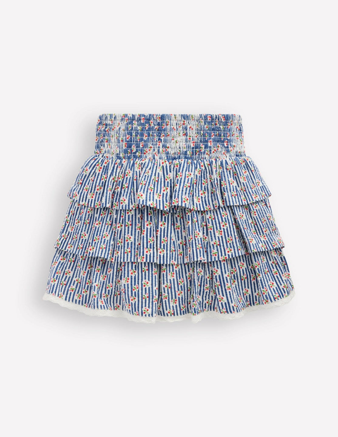 Smocked Waist Ruffle Skirt-Bluejay Cherry Stripe / Boden Outlet